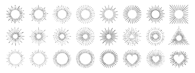 Sunburst explosión efectos vintage doodle aislado sobre fondo blanco