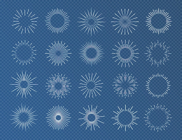 Sunburst set color blanco aislado sobre fondo transparente para decoración logotipo emblema etiqueta insignia estrella fuegos artificiales explosión rayos de luz colección Vector Ilustración 10 pasos