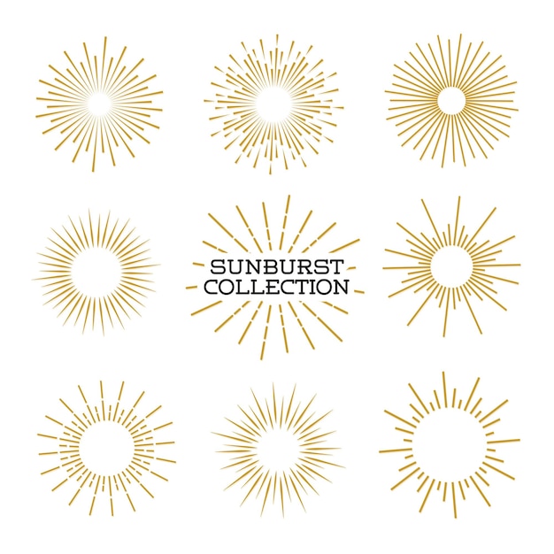 Sunburst set estilo dorado aislado en fondo gris para logotipo emblema logotipo etiqueta sello camiseta estandarte fuegos artificiales explosión estrella vector ilustración 10 eps