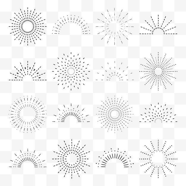Sunburst set Vintage sunrise collection Elementos de rayos de luz Explosión de fuegos artificiales estrellas Vector