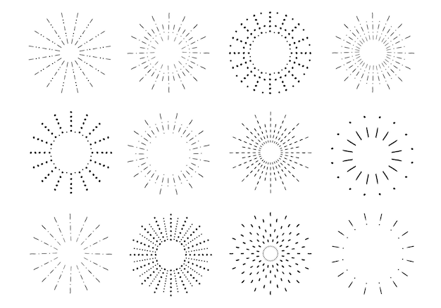 Sunburst set Vintage sunrise collection Elementos de rayos de luz Explosión de fuegos artificiales estrellas Vector