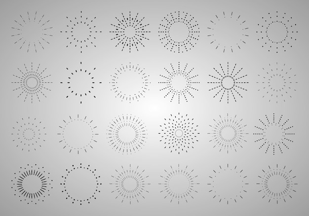 Sunburst set Vintage sunrise collection Elementos de rayos de luz Explosión de fuegos artificiales estrellas Vector