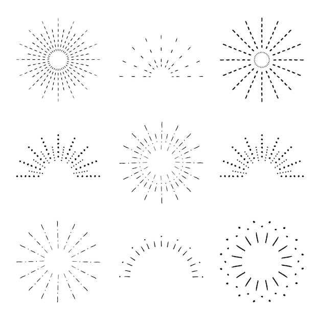 Sunburst set Vintage sunrise collection Elementos de rayos de luz Explosión de fuegos artificiales estrellas Vector