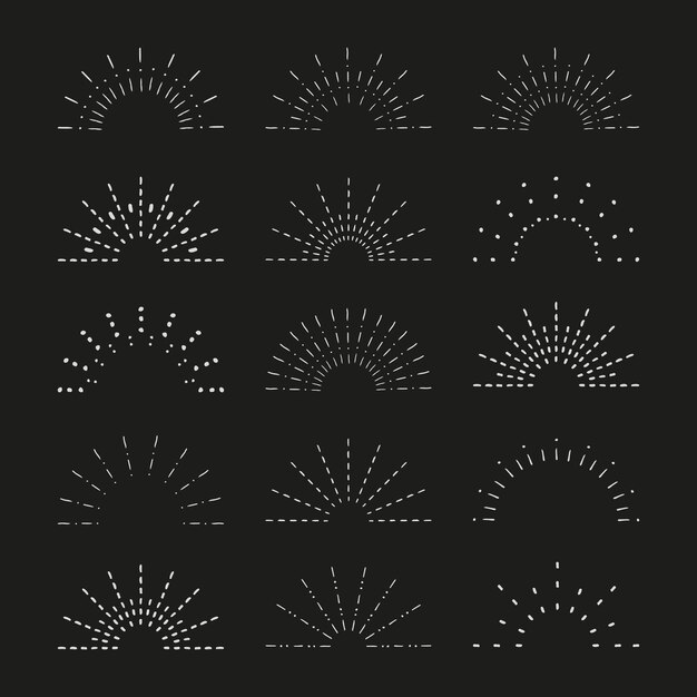 Sunburst set Vintage sunrise collection Vector elementos de rayos de luz sobre fondo negro Vector