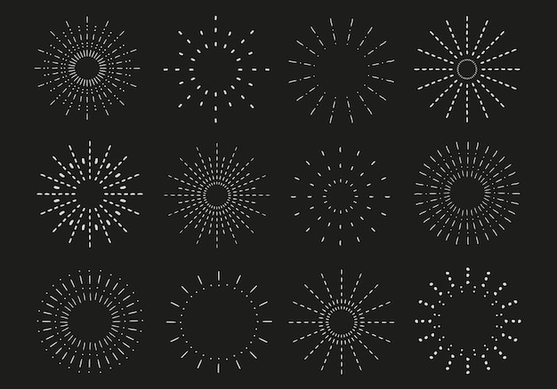 Sunburst set Vintage sunrise collection Vector elementos de rayos de luz sobre fondo negro Vector