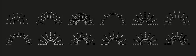Sunburst set Vintage sunrise collection Vector elementos de rayos de luz sobre fondo negro Vector