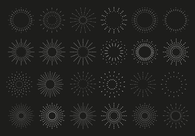 Sunburst set Vintage sunrise collection Vector elementos de rayos de luz sobre fondo negro Vector