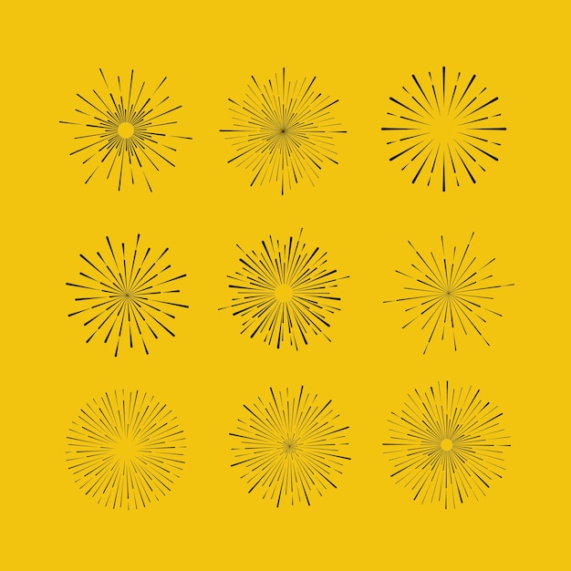 Sunbursts sobre fondo amarillo elementos de diseño tribal boho gold sunburst frame starburst hipster logo línea arte vector ilustración de fuegos artificiales