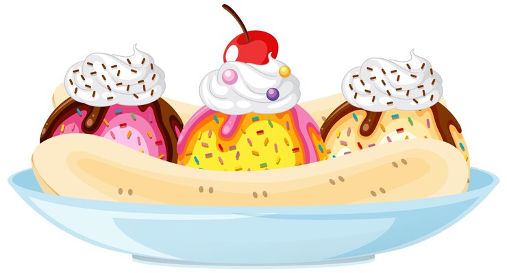 Vector sundae de helado de banana split sobre fondo blanco.