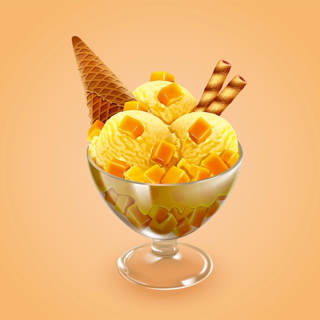 Sundae de mango con barra de chocolate crujiente, cono de helado y frutas picadas en la ilustración 3d