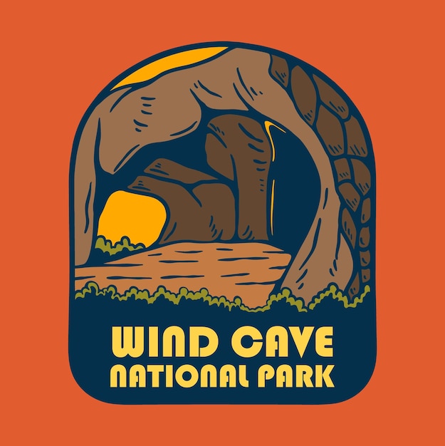 Vector sunset on wind cave insignia del parque nacional el diseño del logotipo ilustración vectorial