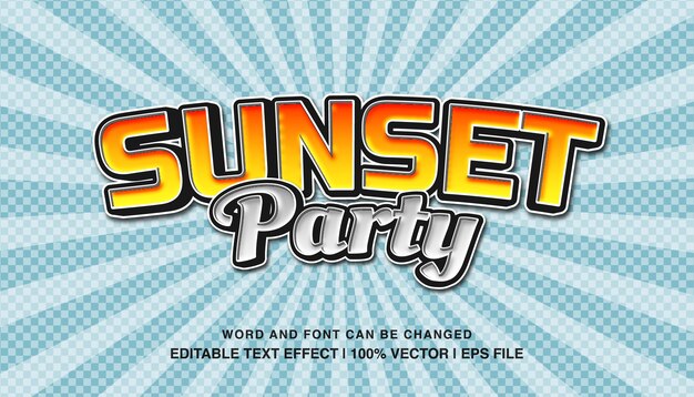 Sunset pary comic plantilla de efecto de texto editable tipografía de dibujos animados en negrita 3d