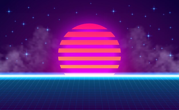 Sunset perspectiva cuadrícula neón púrpura cian degradado resplandor color. estilo vintage retro abstracto de los años 80. fondo vibrante abstracto