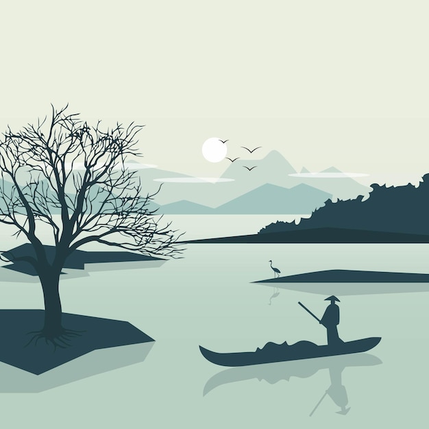 Sunset Tree Mountain con fondo de ilustración vectorial de mar y barco