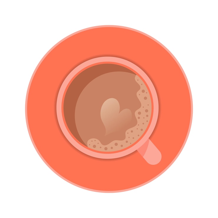 Vector sup de vista superior de café con diseño de corazón y espuma icono plano aislado sobre fondo blanco