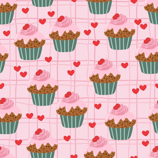 Supcakes con corazones rojos en la célula de cuadrícula a cuadros con patrón sin costuras pastelería textura del día de San Valentín