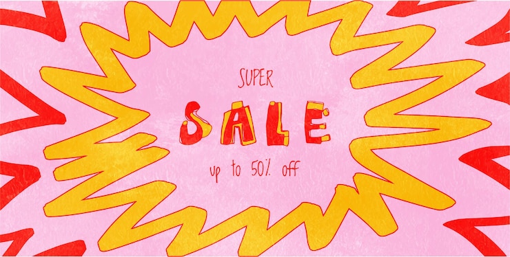 Vector super banner de venta de estilo hippie con tipografía dibujada a mano para promoción y publicidad