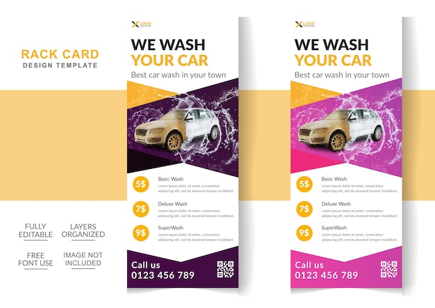 Vector super car wash rack card o dl flyer diseño editable plantilla