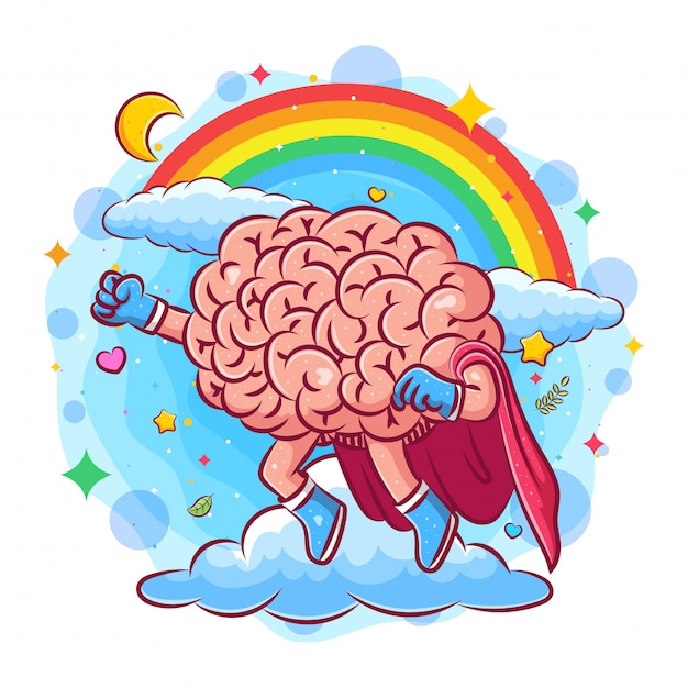 El súper cerebro vuela en el cielo bajo el arco iris de la ilustración.