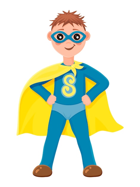 Vector super chico. un niño con un disfraz de superhéroe azul. estilo de dibujos animados. ilustración. aislado en blanco.
