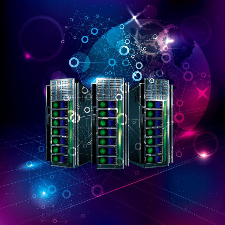 Vector super computadora de dibujo vectorial. el concepto de computación en la nube.