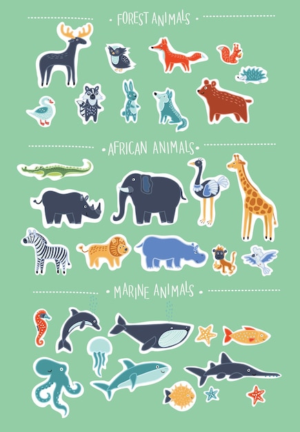 Super conjunto de dibujos animados de animales sonrientes de dibujos animados lindo