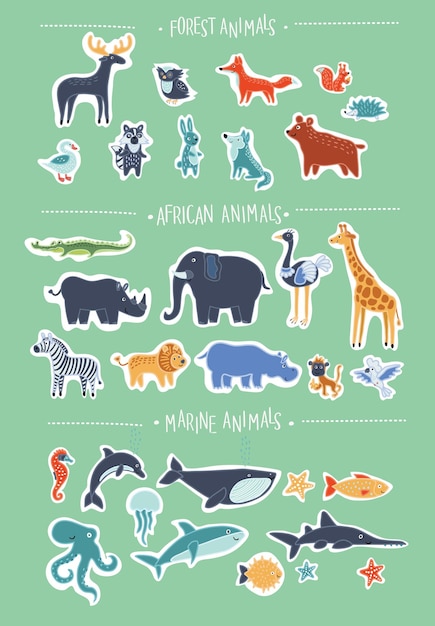 Super conjunto de dibujos animados de animales sonrientes de dibujos animados lindo