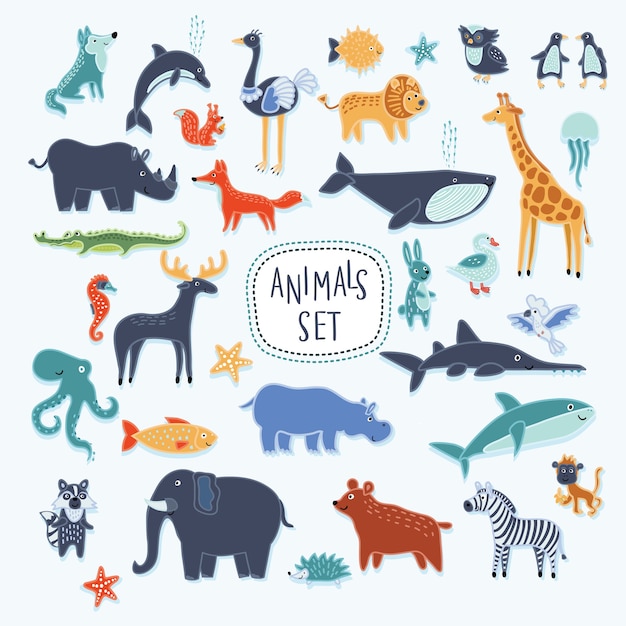 super conjunto de ilustración de dibujos animados sonriendo animales lindos