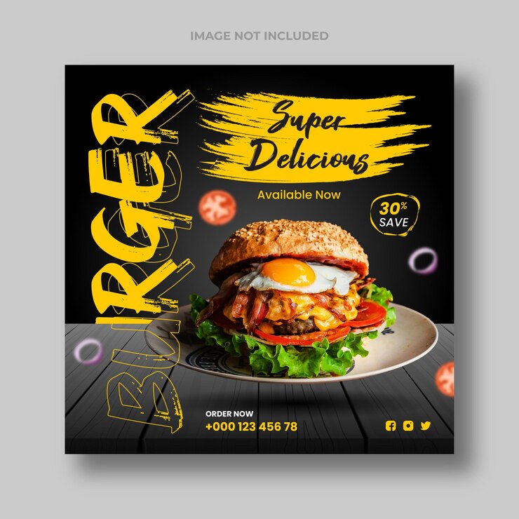 Vector super deliciosa hamburguesa y menú de comida publicación en redes sociales plantilla de banner cuadrado