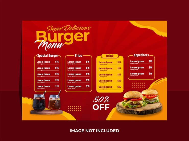Vector súper deliciosa plantilla de diseño de menú horizontal de hamburguesas