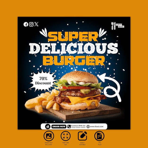 Vector súper delicioso diseño de hamburguesas post de redes sociales y plantilla de banner