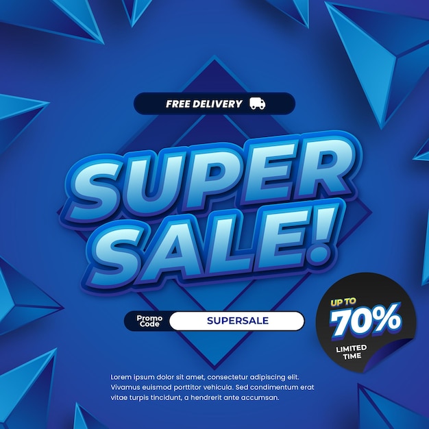 Super día de compras Ofertas de descuento de venta Gradiente azul Abstracto Geométrico Banner de efecto de texto editable