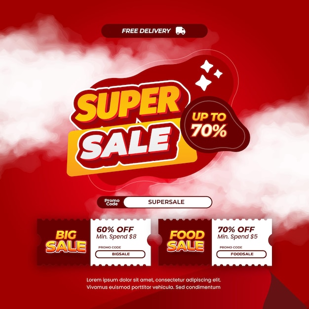 Super día de compras ofertas de descuento de venta de gradiente rojo resumen pop-up con banner de cupón
