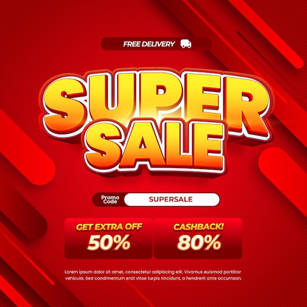 Super día de compras ofertas de descuento de ventas Gradiente rojo Efecto de texto editable Banner de línea lluviosa