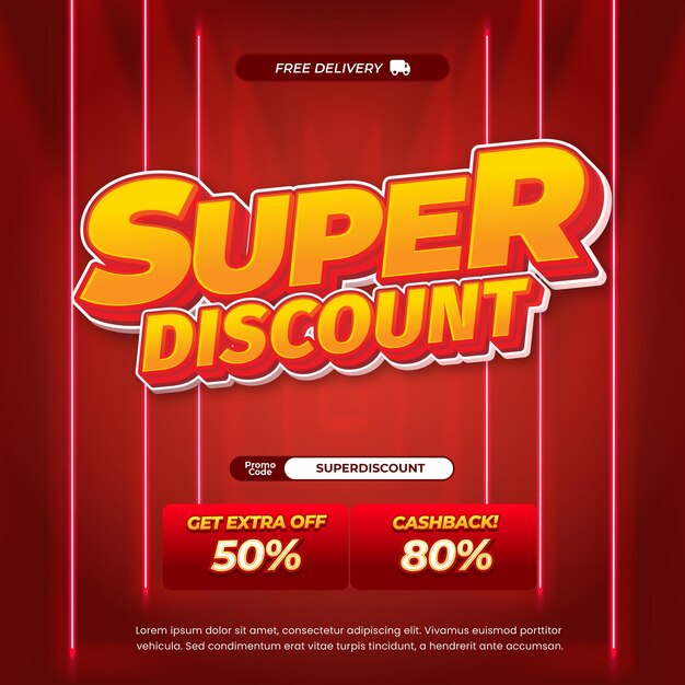 Super día de compras ofertas de descuento de ventas Gradiente rojo Efecto de texto editable Estilo de túnel de neón