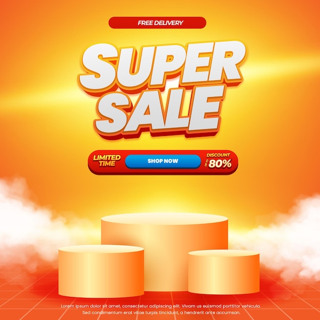 Super día de compras ofertas de descuento de ventas texto editable gradiente naranja brillante pancarta de podio en 3D