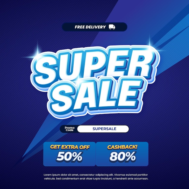 Super día de compras ofertas de descuento de ventas texto editable vibrante gradiente azul relámpago pancarta