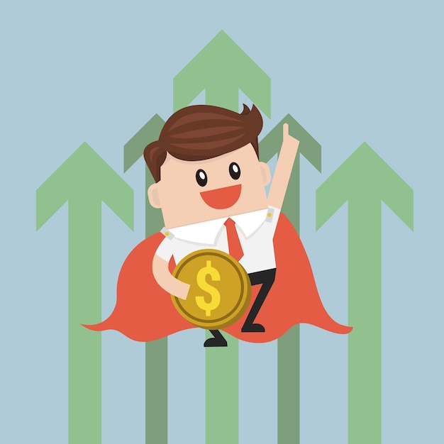Super empresario volando con gráfico de crecimiento.