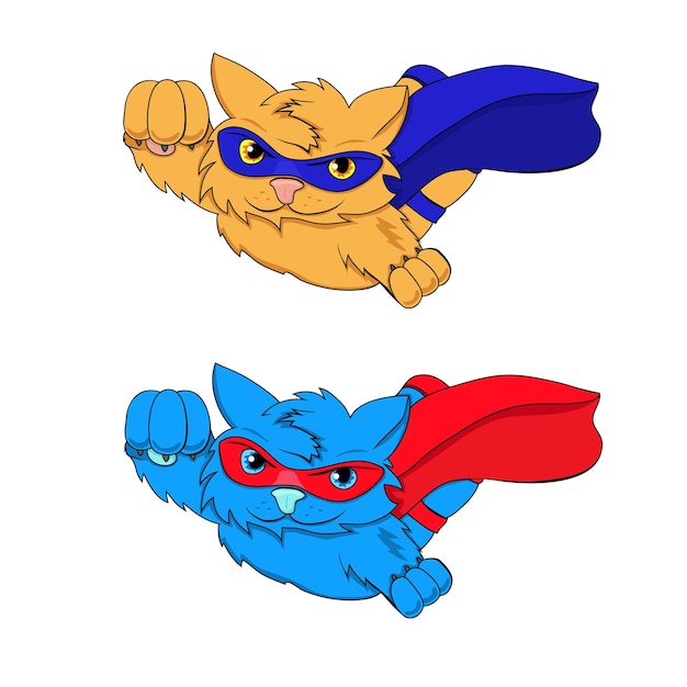 Vector super gatos azules y naranjas al estilo de los cómics de dibujos animados