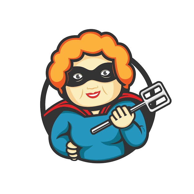 Super grandma mascot logo cocina sosteniendo una espátula