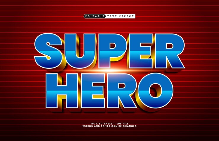 Vector super héroe efecto de texto editable con un héroe y un poderoso efecto de texto