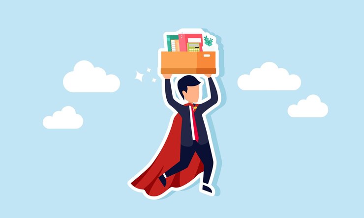 Vector un súper hombre de negocios vuela por encima del cielo mientras levanta equipos de trabajo