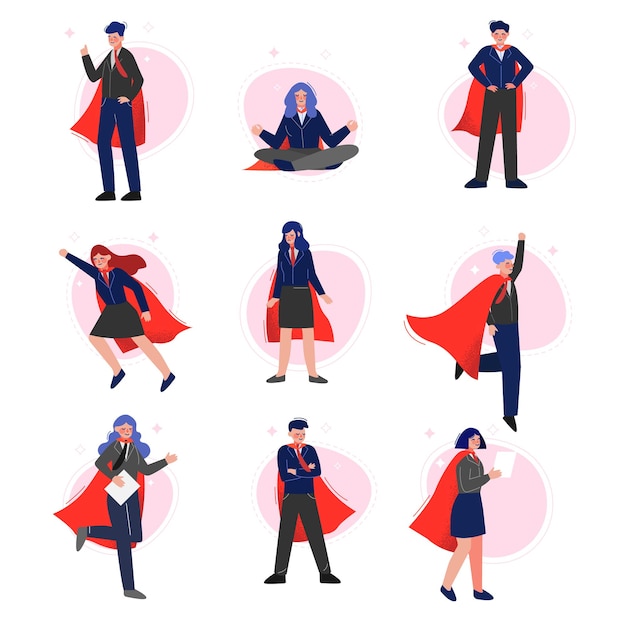 Super hombres de negocios en capas rojas Colección de superhéroes exitosos Personajes de negocios Liderazgo Desafío Logro de objetivos Ilustración vectorial