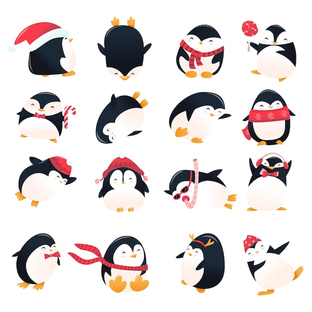 Super lindo juego de pingüinos de vacaciones de dibujos animados