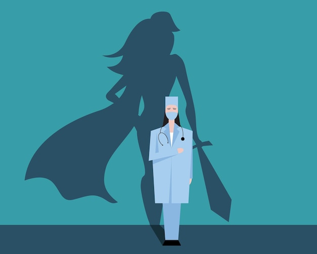 Super mujer médico o enfermera. Superhéroe de hospitales luchando por la vida. Gracias personal médico por el trabajo. Concepto de ilustración vectorial.