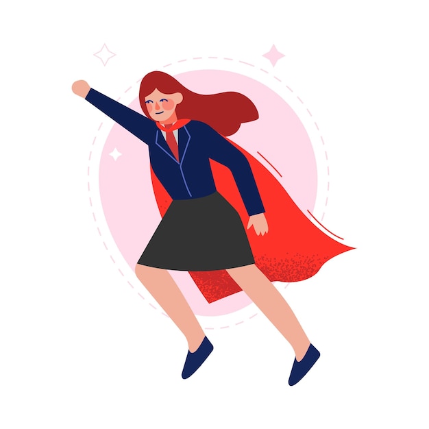 Vector súper mujer de negocios con capa roja con ondas exitoso superhéroe personaje de negocios liderazgo desafío logro de objetivos ilustración vectorial