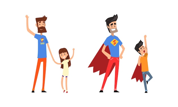 Super papá y su hijo pasando tiempo juntos jugando a superhéroe y agitando el conjunto de vectores de mano