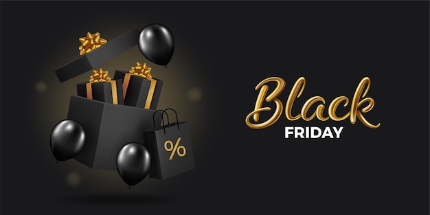 Super rebajas de Black Friday. Cajas de regalo negras realistas. Caja de regalo abierta llena de objetos decorativos festivos. Texto dorado.