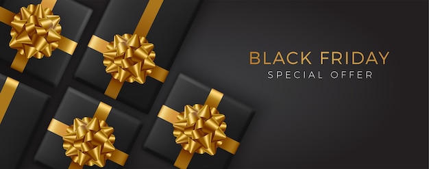 Super rebajas de black friday. cajas de regalo negras realistas. texto dorado.