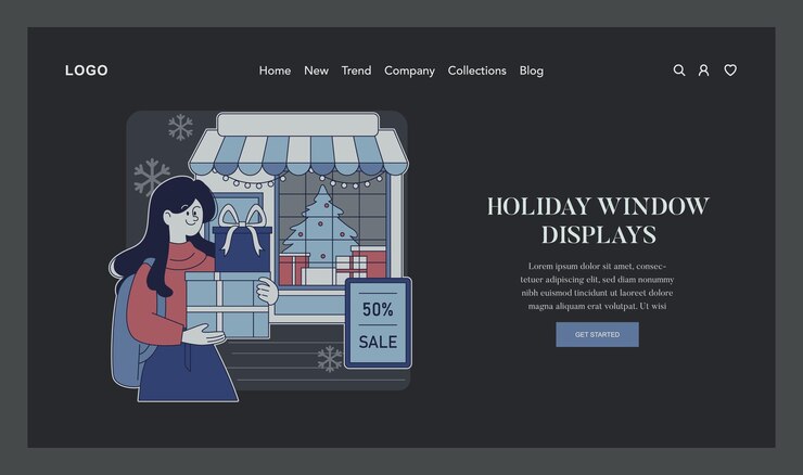 Vector super sábado concepto de vacaciones comprador admira una vitrina festiva con un árbol de navidad y